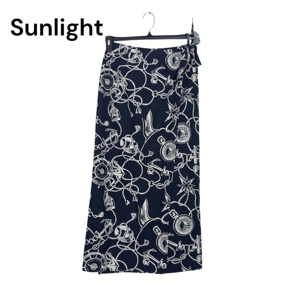 Talbots Vintage Womens Nautical Navy-White Print Wrap Midi Skirt Size 4 Tie Wais - Picture 1 of 15